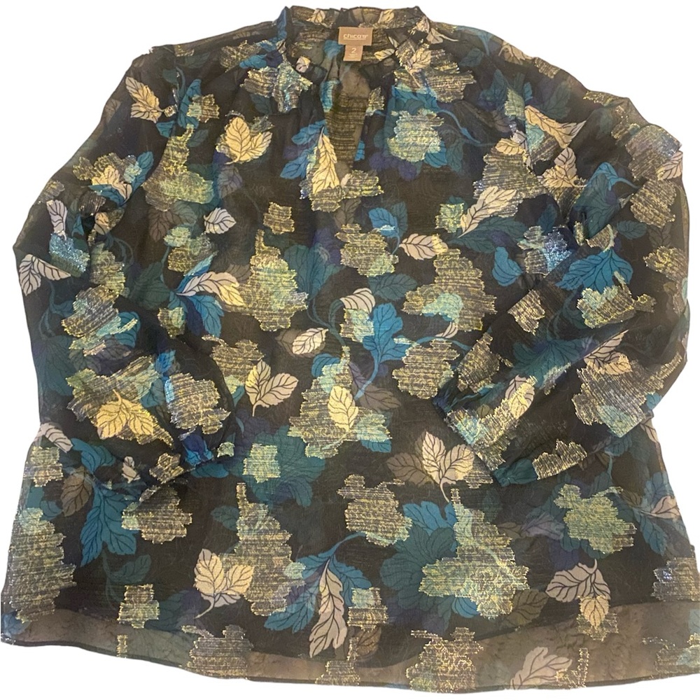 Chicos Top Womens 2 Medium Green Blue Floral Sheer‎ Iridescent Sheer V Neck